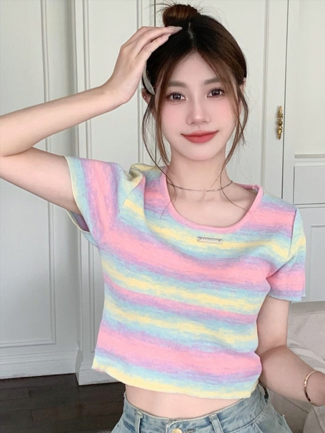 

HERE&NOW Round Neck Short Sleeves Striped Cotton Top, Pink