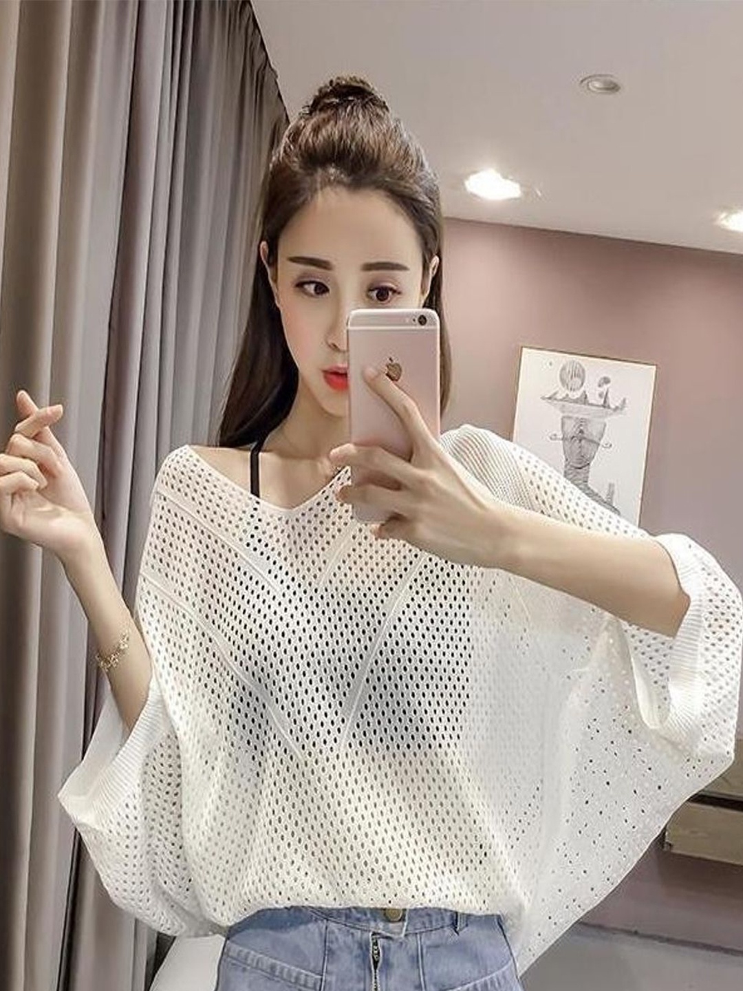 

KPOP Women Pure Cotton Self Design Puff Sleeve Top, White