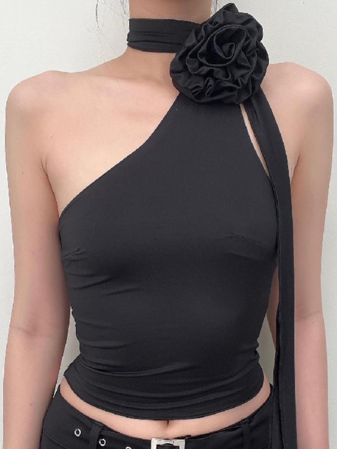 

KPOP Women One Shoulder Crop Top, Black