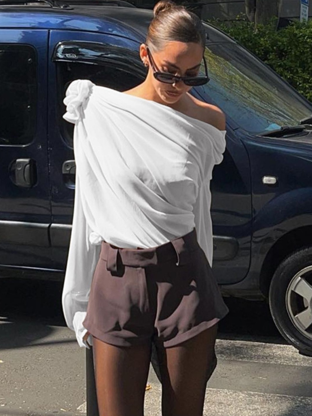 

KPOP Women One Shoulder Long Sleeves Top, White