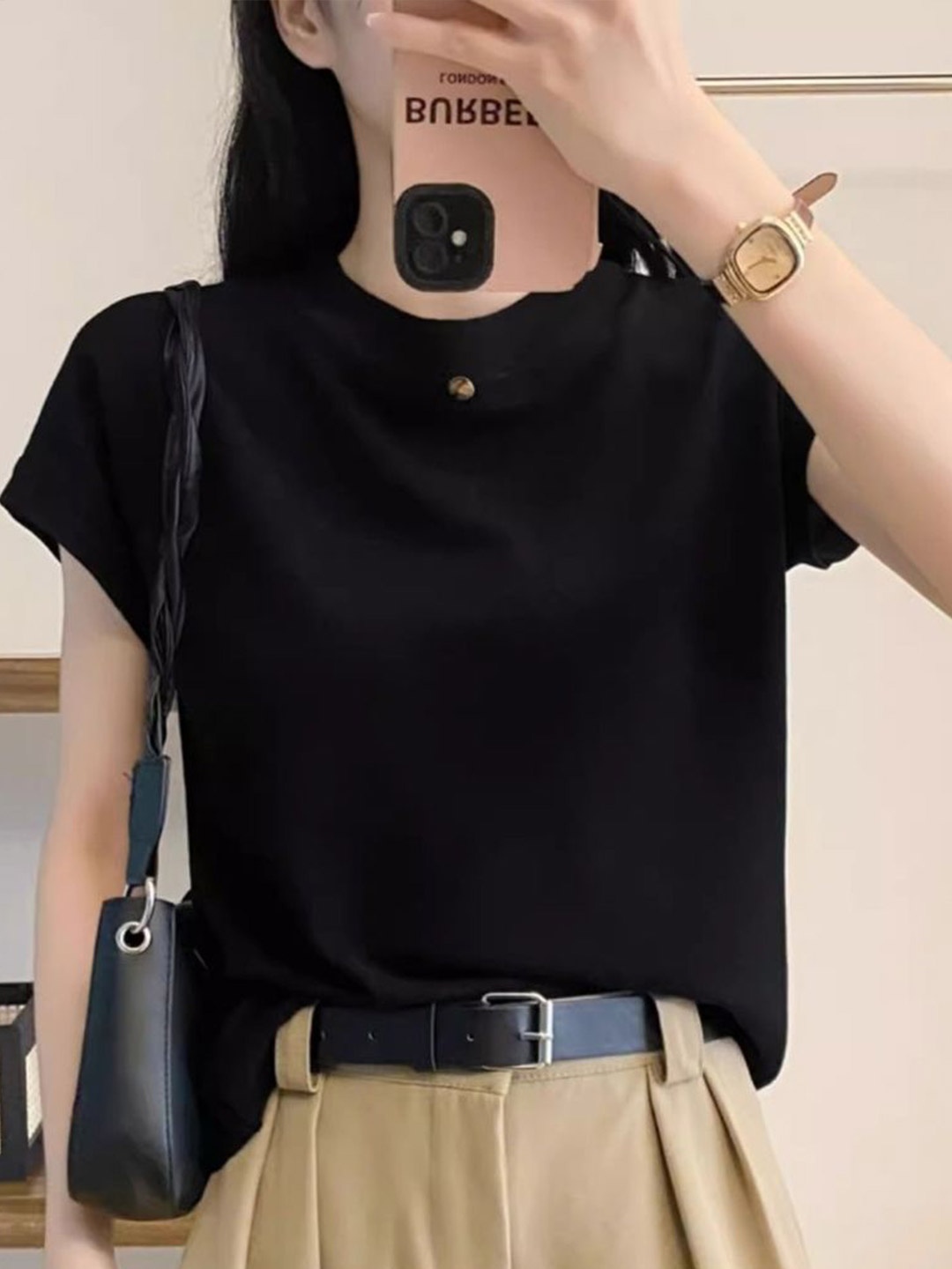 

HERE&NOW Women Round Neck Short Sleeves Top, Black