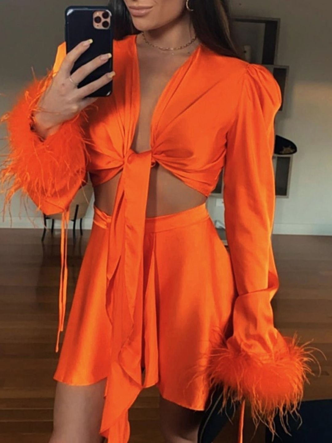 

KPOP Women V-Neck Long Sleeves Top, Orange