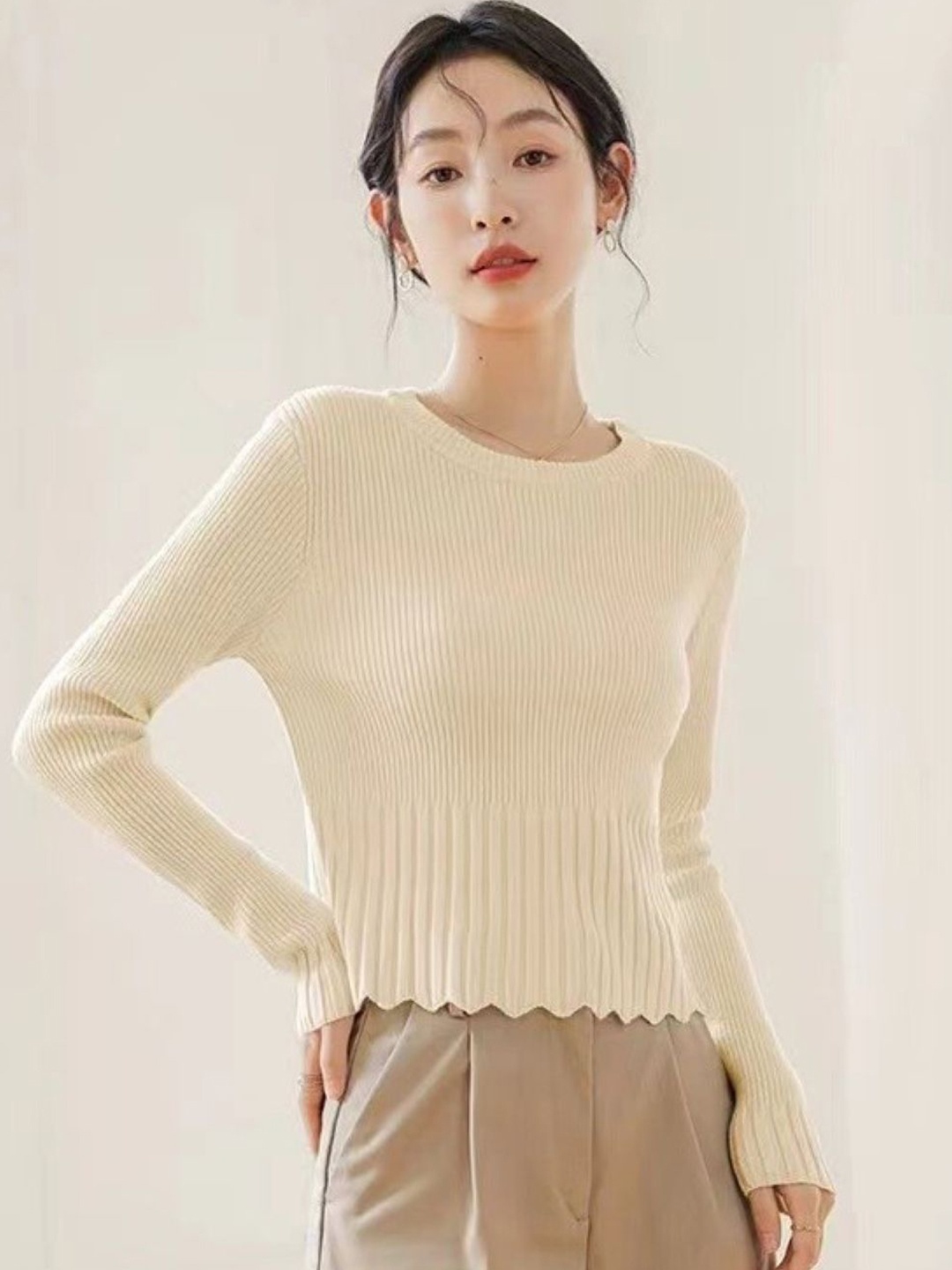 

HERE&NOW Women Round Neck Extended Sleeves Top, Cream