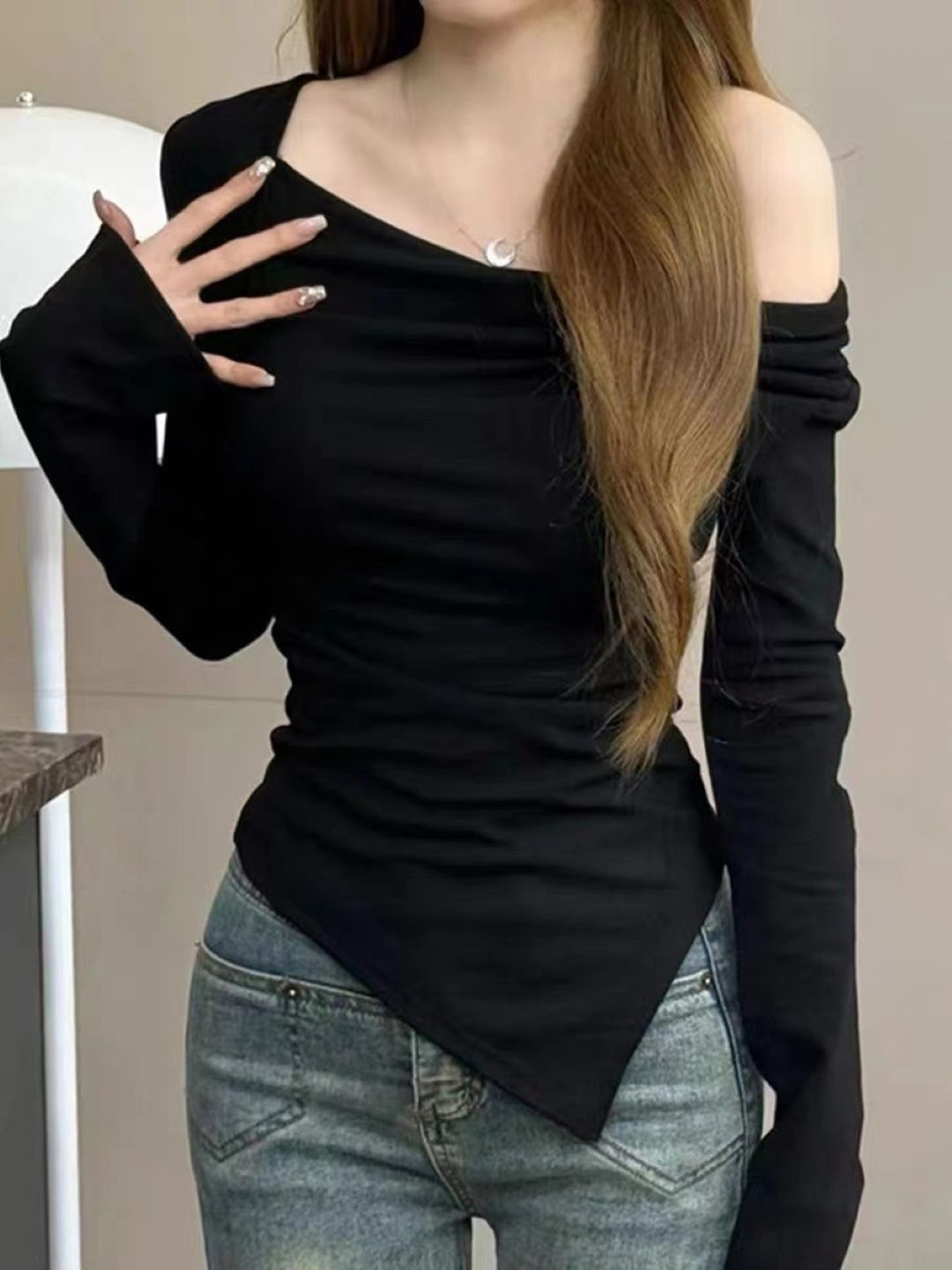 

HERE&NOW Women Off-Shoulder Extended Sleeves Top, Black