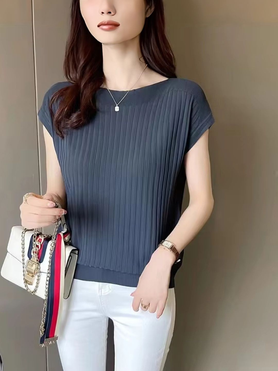 

KPOP Women Boat Neck Top, Navy blue
