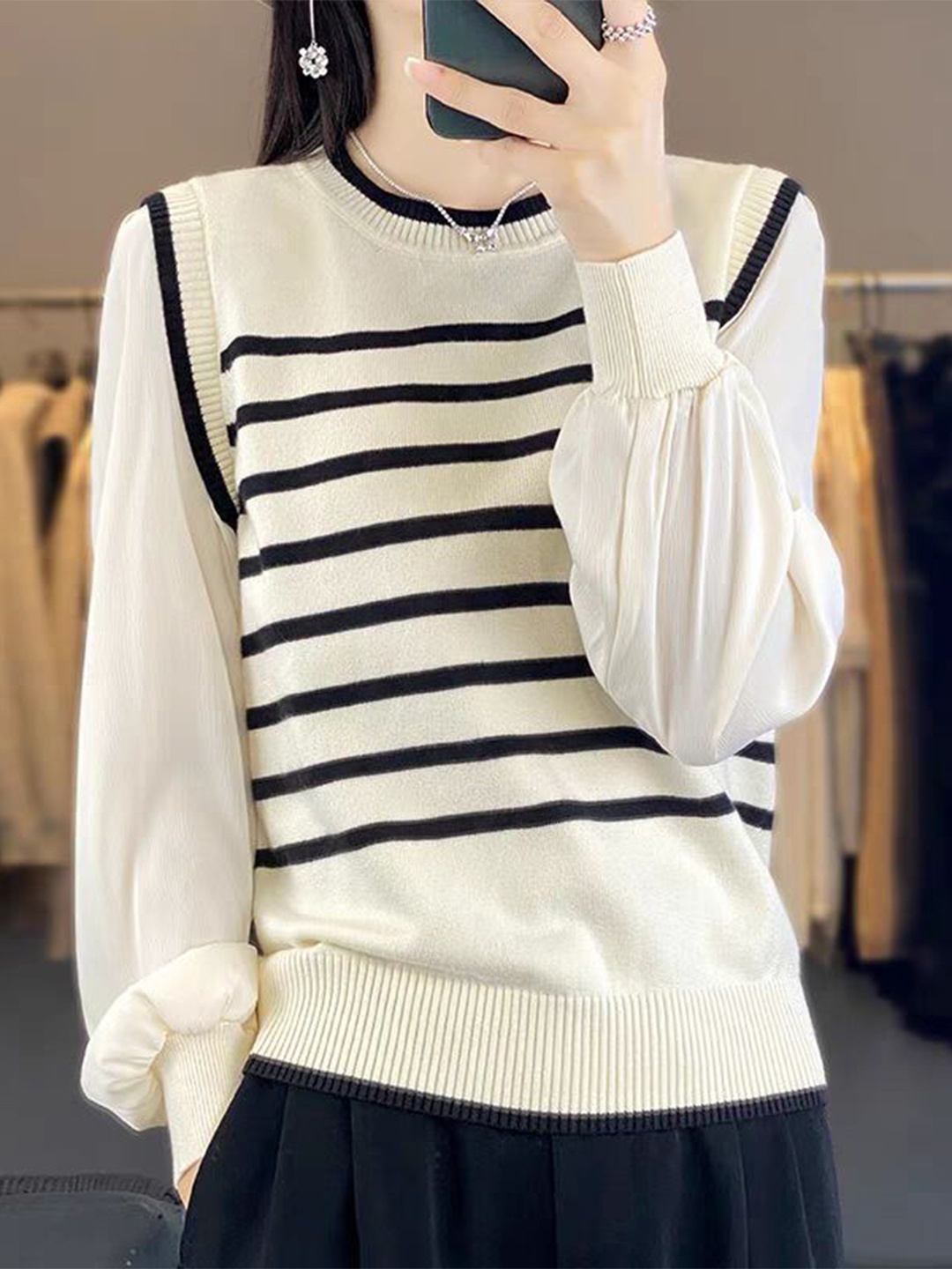 

StyleCast Women Striped Long Sleeves Sweater Vest, Off white