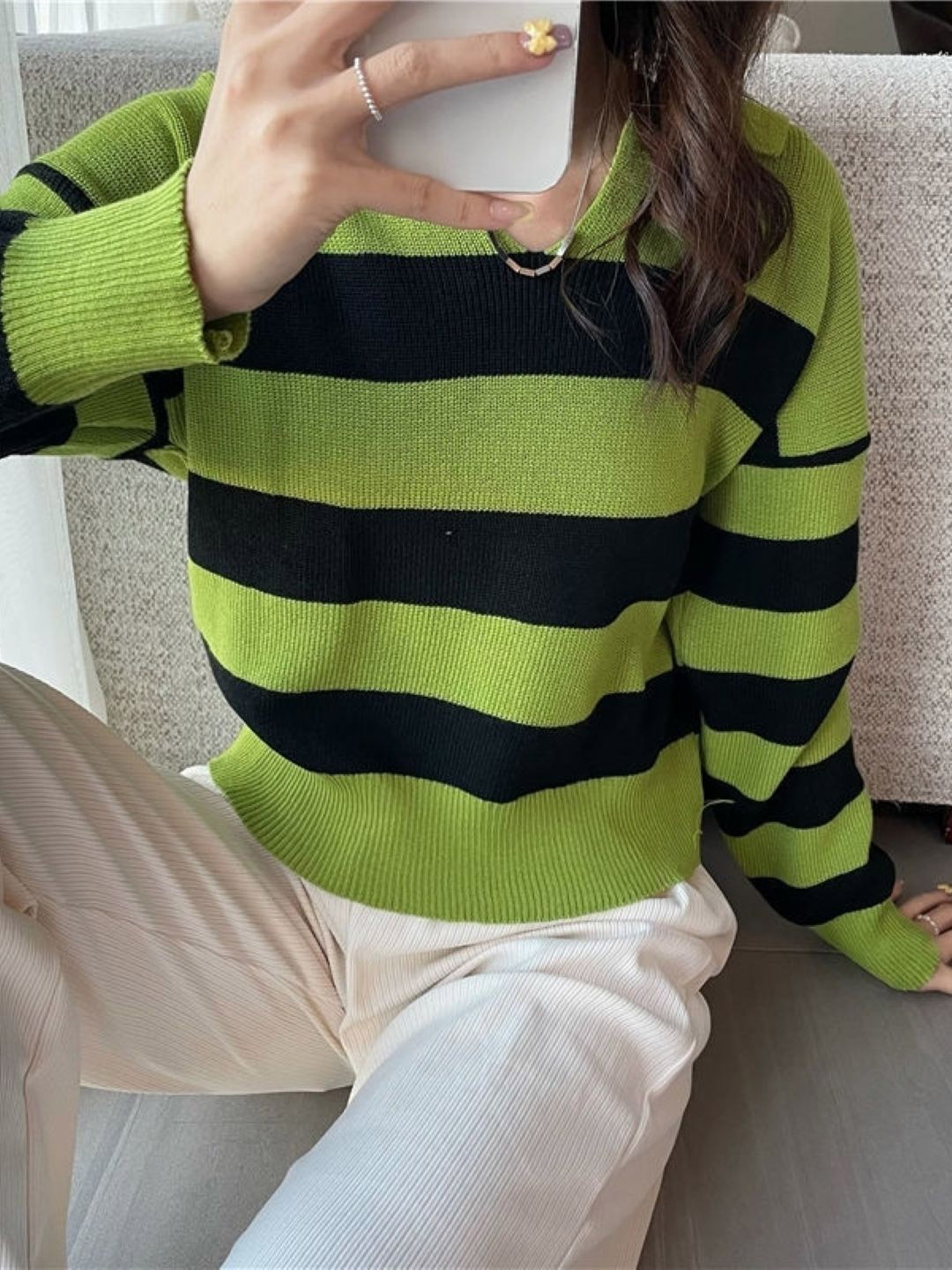 

HERE&NOW Women Shirt Collar Long Sleeves Horizontal Stripes Cotton Top, Green