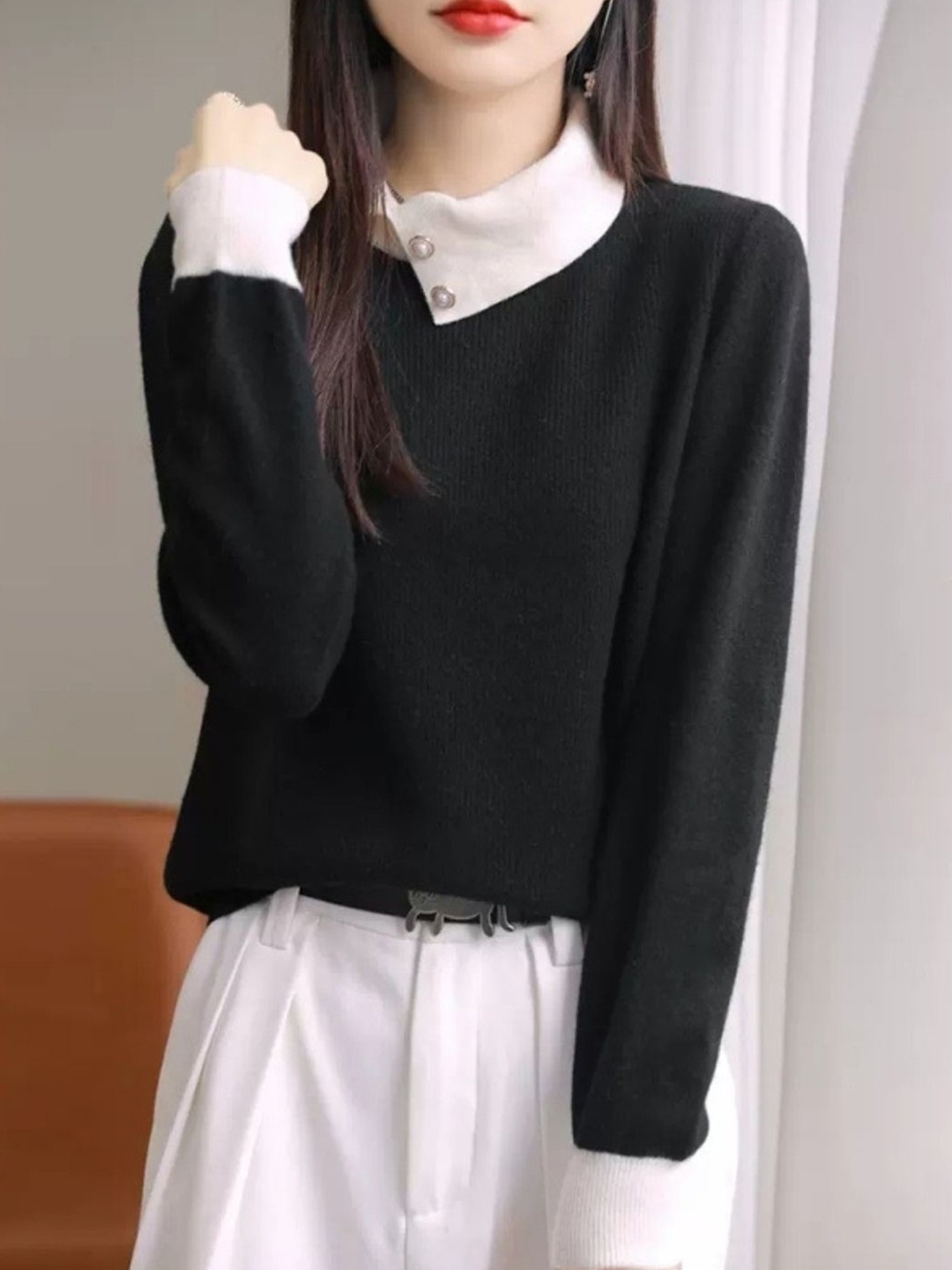 

KPOP Women High Neck Long Sleeves Cotton Top, Black