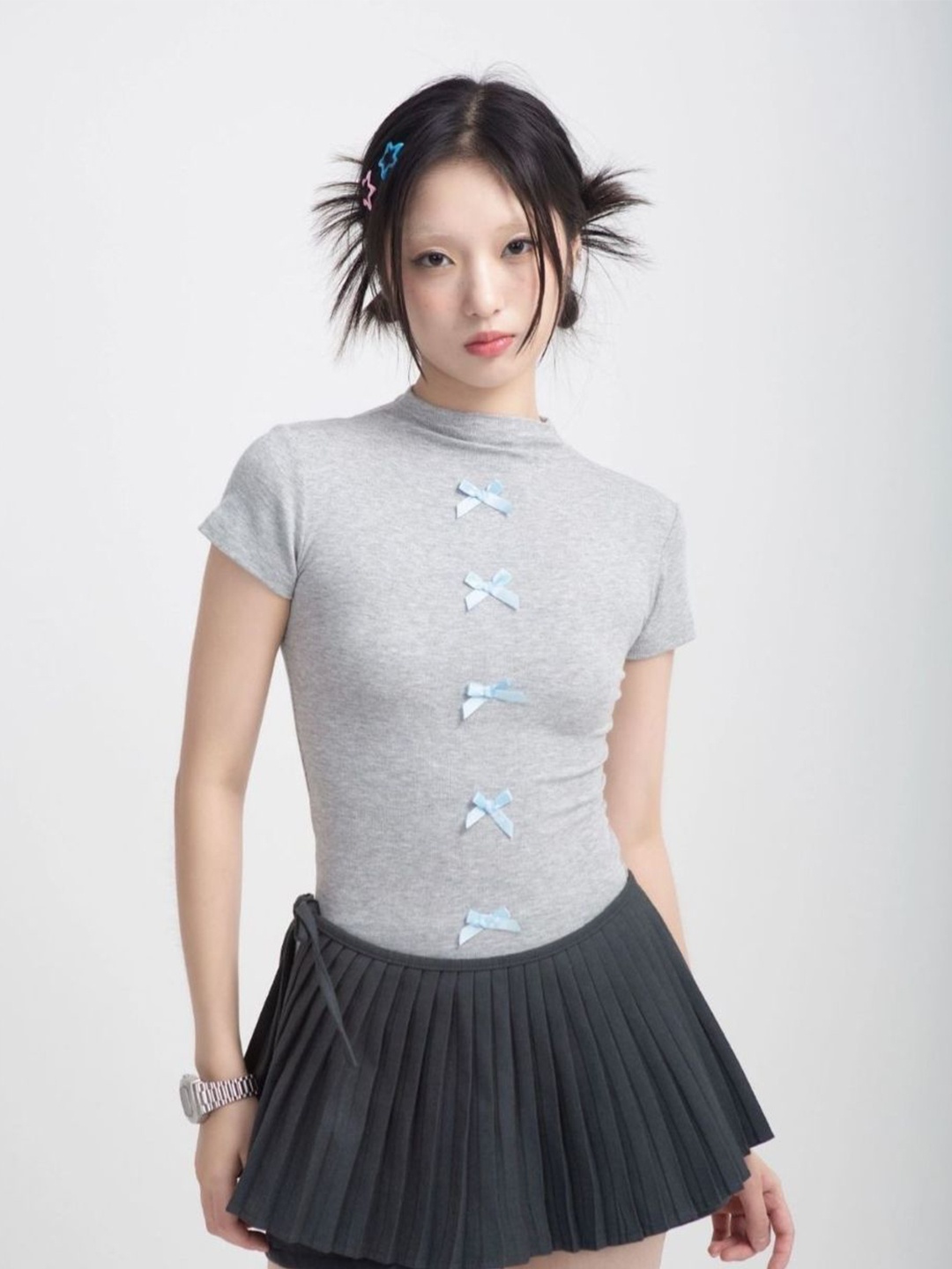 

KPOP Women Round Neck Short Sleeves Top, Grey