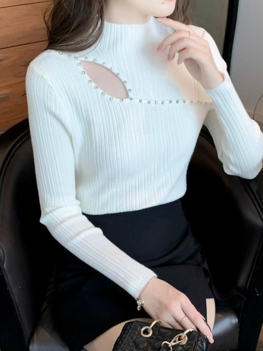 

HERE&NOW Women Cut Out High Neck Long Sleeves Top, White
