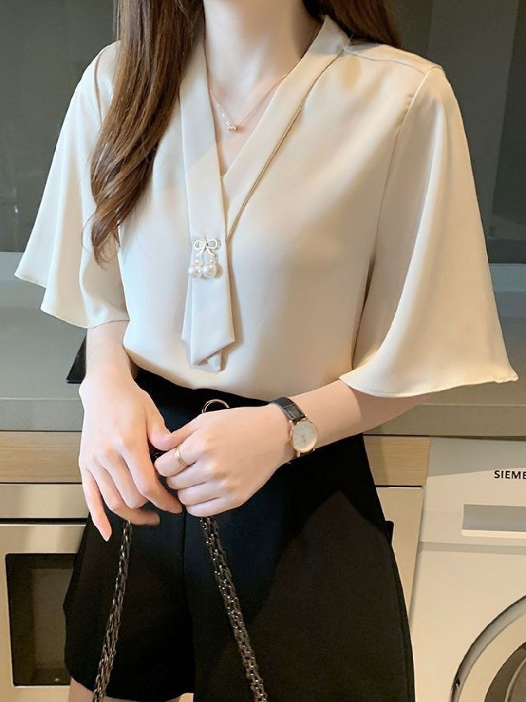 

HERE&NOW V-Neck Short Flared Sleeve Top, Cream