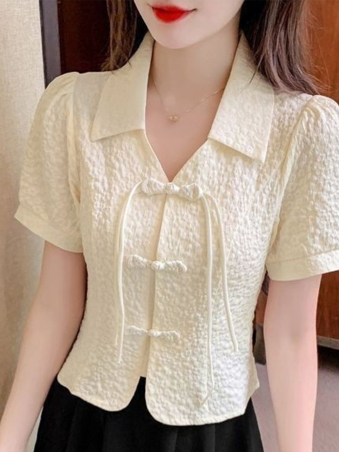 

KPOP Women Shirt Collar Short Sleeves Top, Khaki