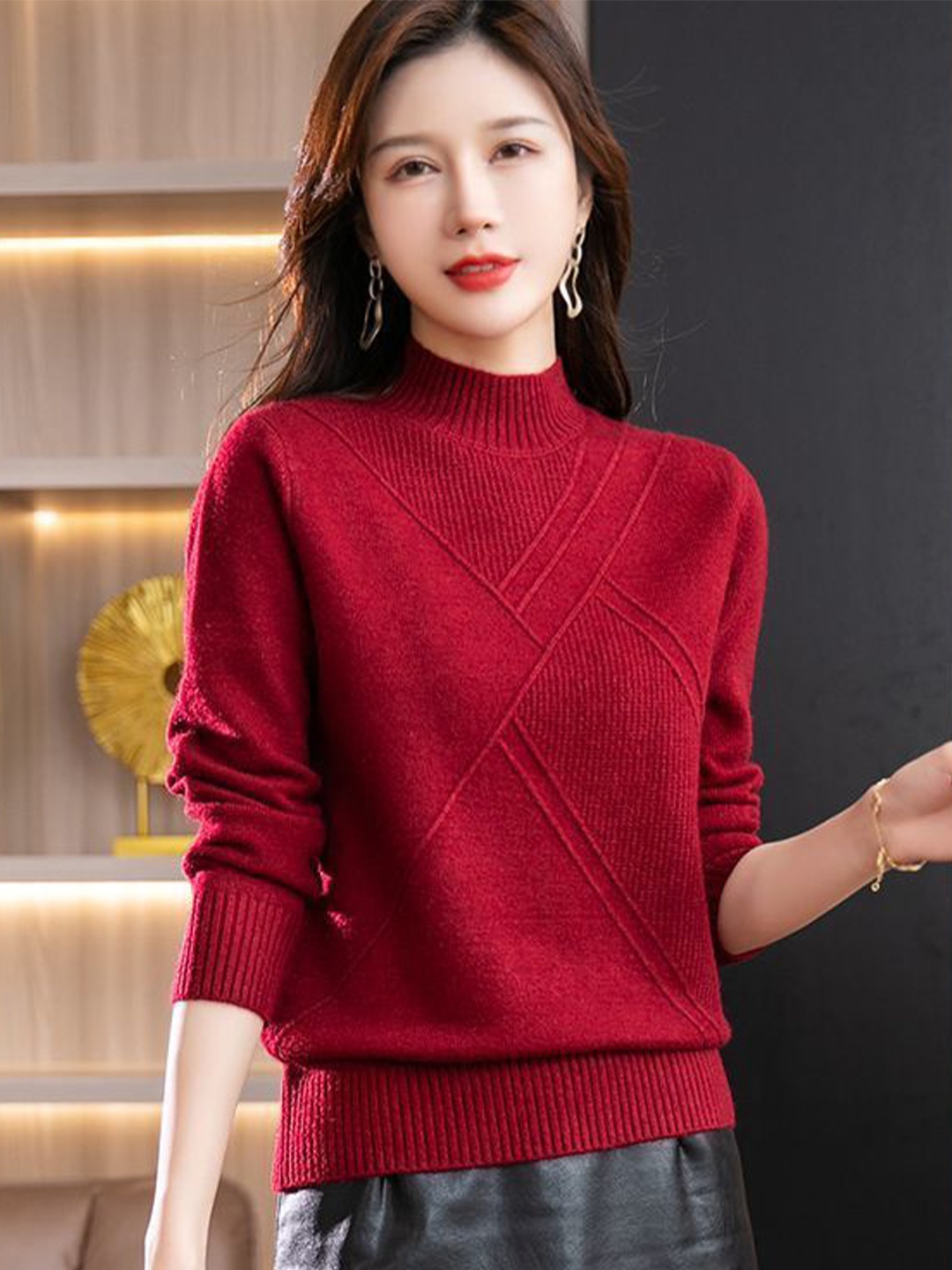 

StyleCast Women Self Design Turtle Neck Pullover Sweater, Maroon