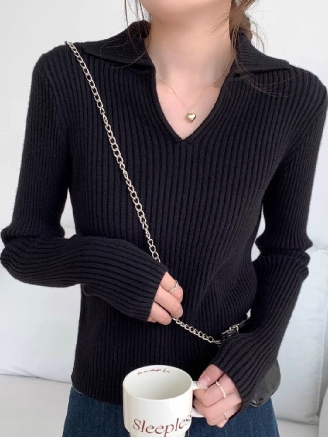 

HERE&NOW Striped Shirt Collar Long Sleeve Extended Sleeves Top, Black