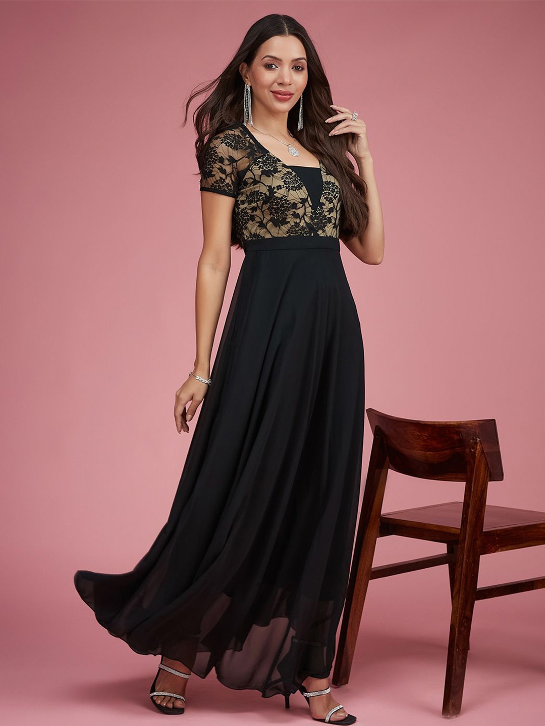 

Miss Chase Self Design Georgette Maxi Dress, Black