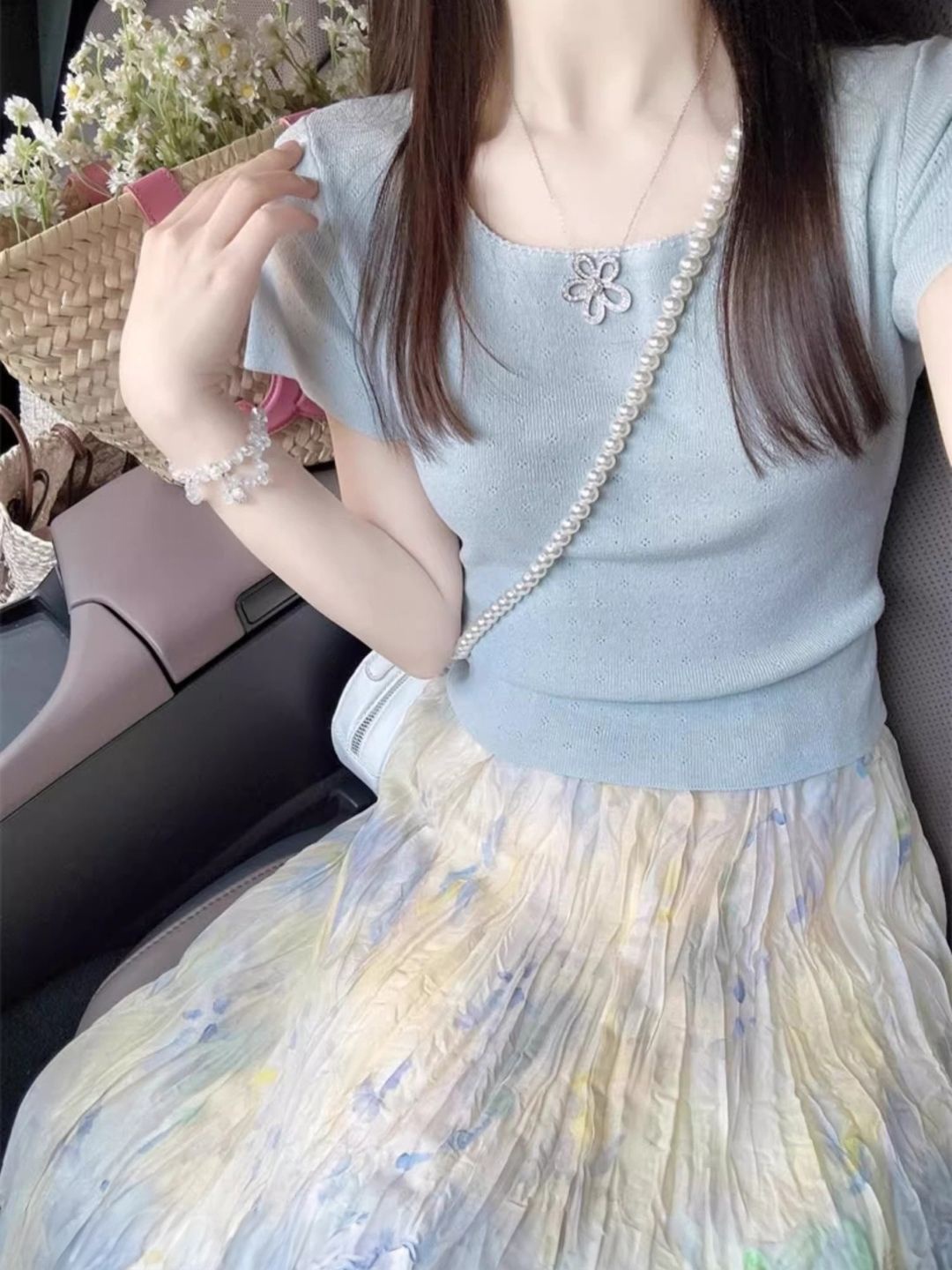 

KPOP Women Round Neck Self Design Top, Blue