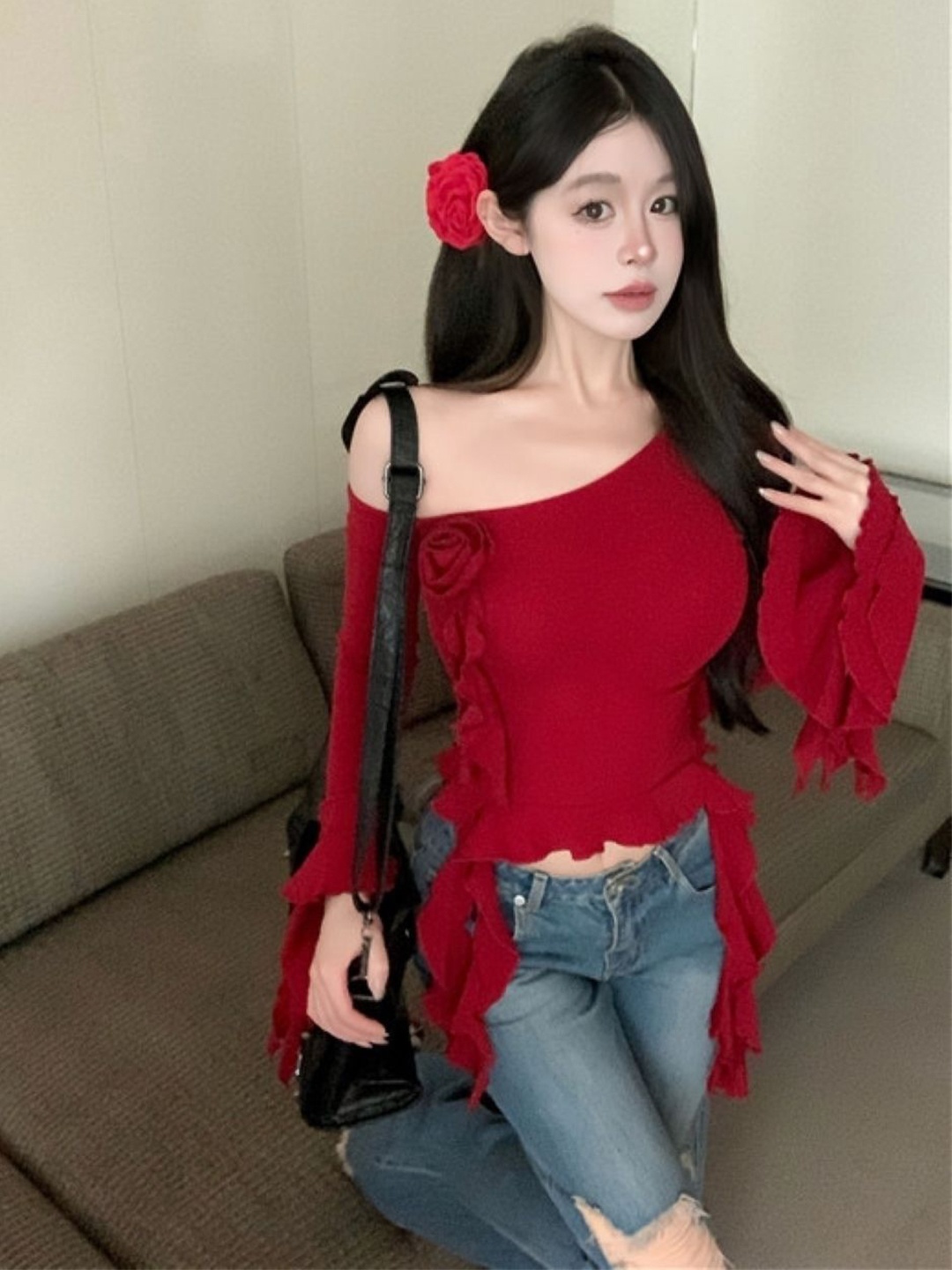 

HERE&NOW Women One Shoulder Crop Top, Red