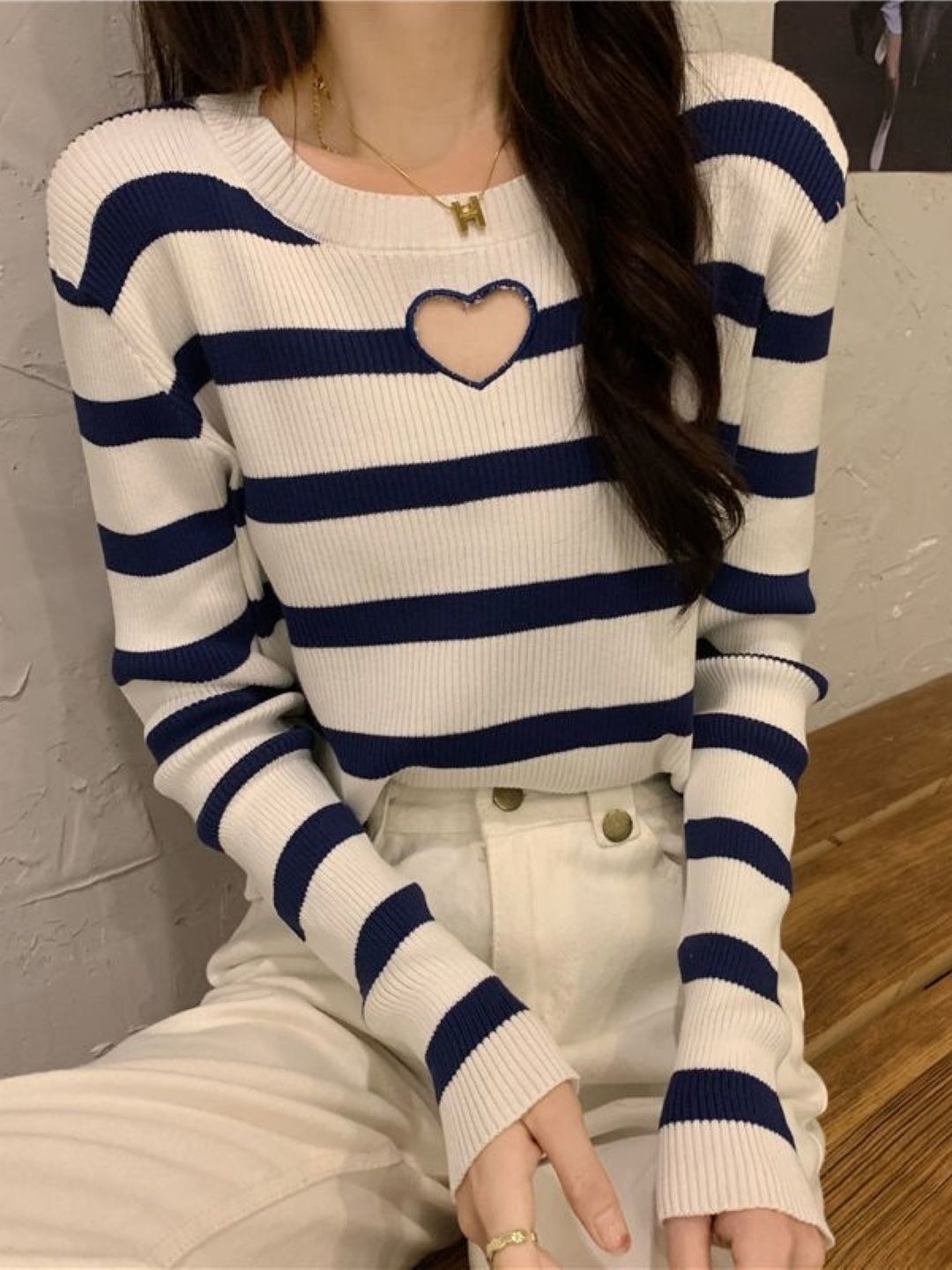 

HERE&NOW Women Striped Extended Sleeves Top, Navy blue