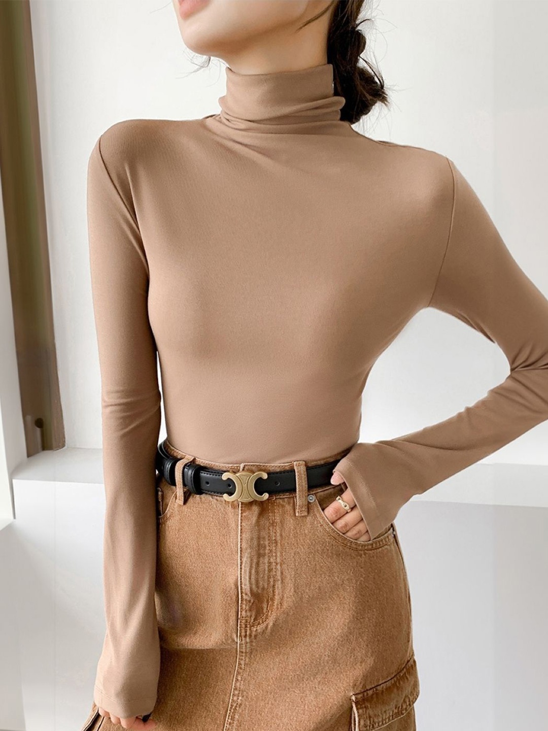 

HERE&NOW Women High Neck Extended Sleeves Top, Brown