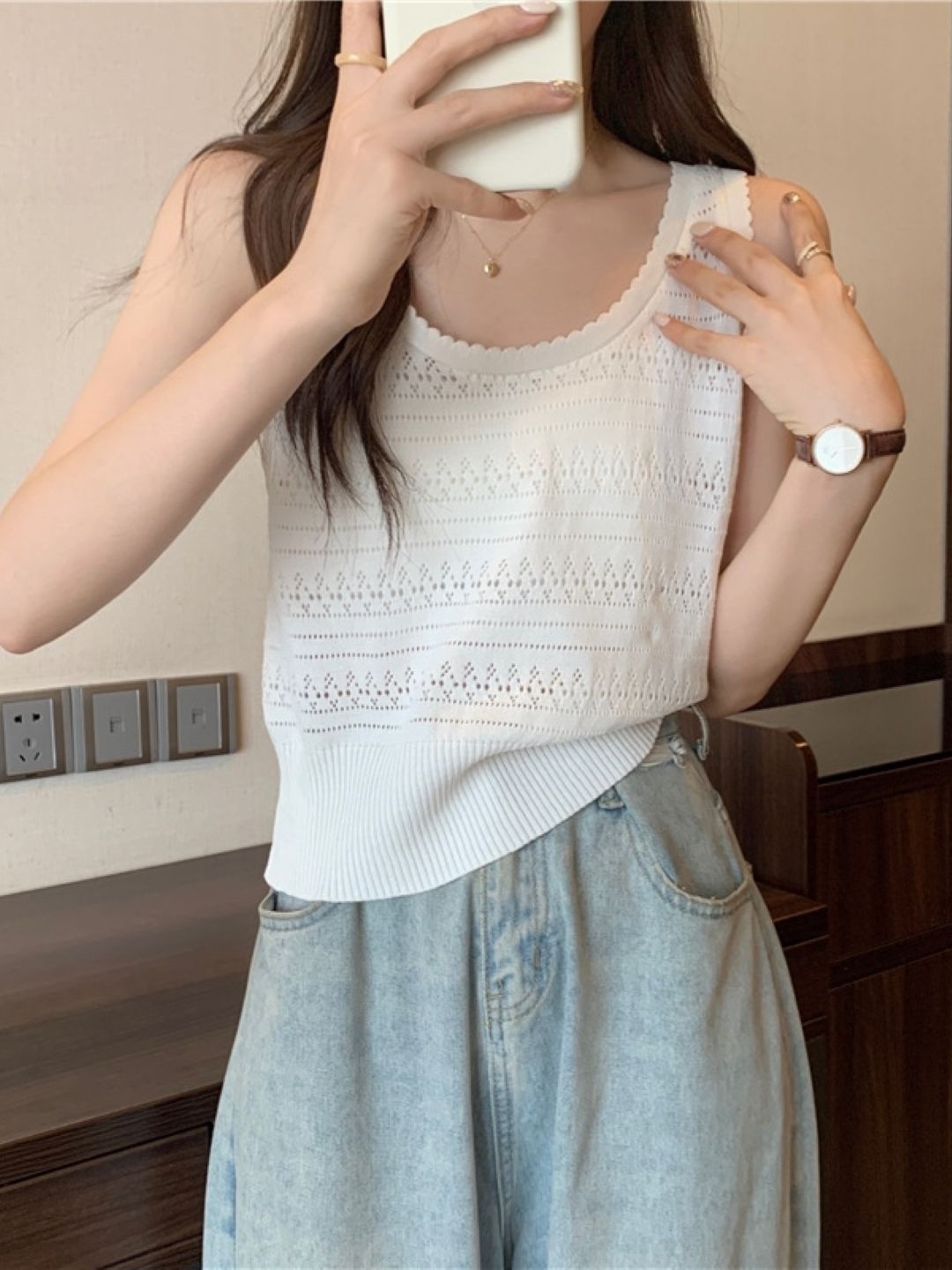 

HERE&NOW Women Self Design Scoop Neck Sleeveless Top, White
