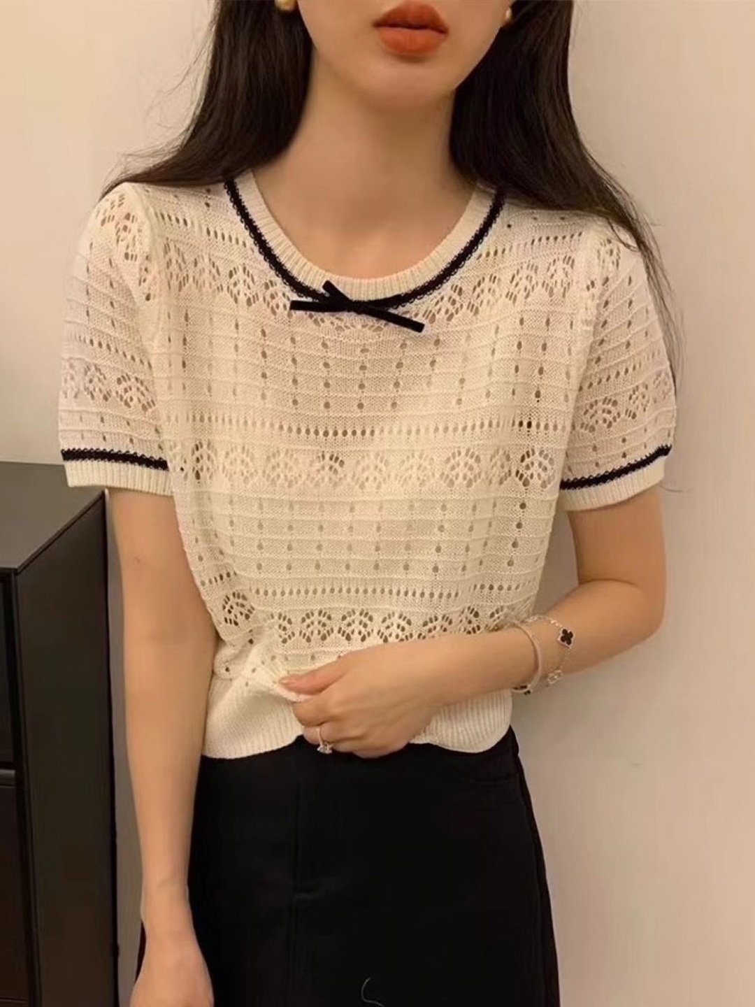 

KPOP Women Self Design Round Neck Top, Cream