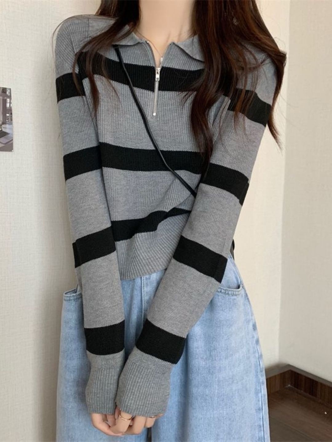 

HERE&NOW Women Shirt Collar Long Sleeves Horizontal Stripes Cotton Top, Grey