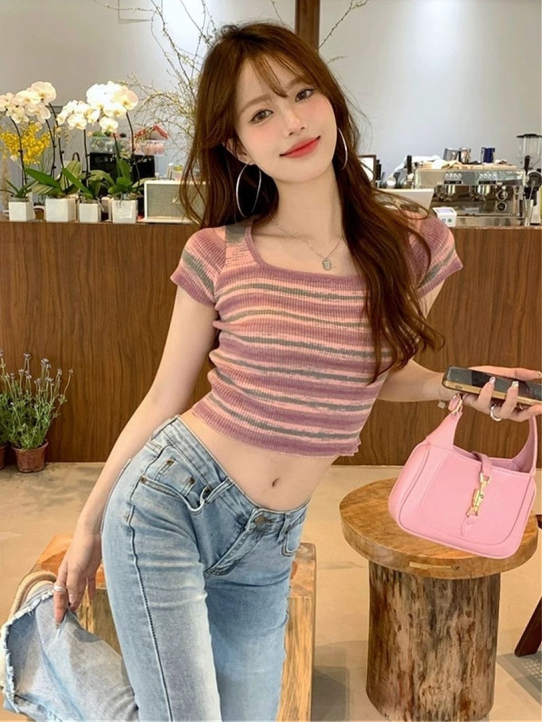 

HERE&NOW Women Square Neck Striped Woollen Top, Pink