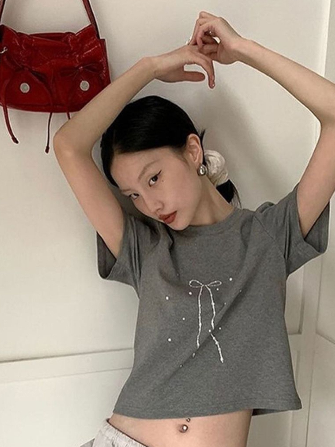 

KPOP Women Embellished Top, Grey