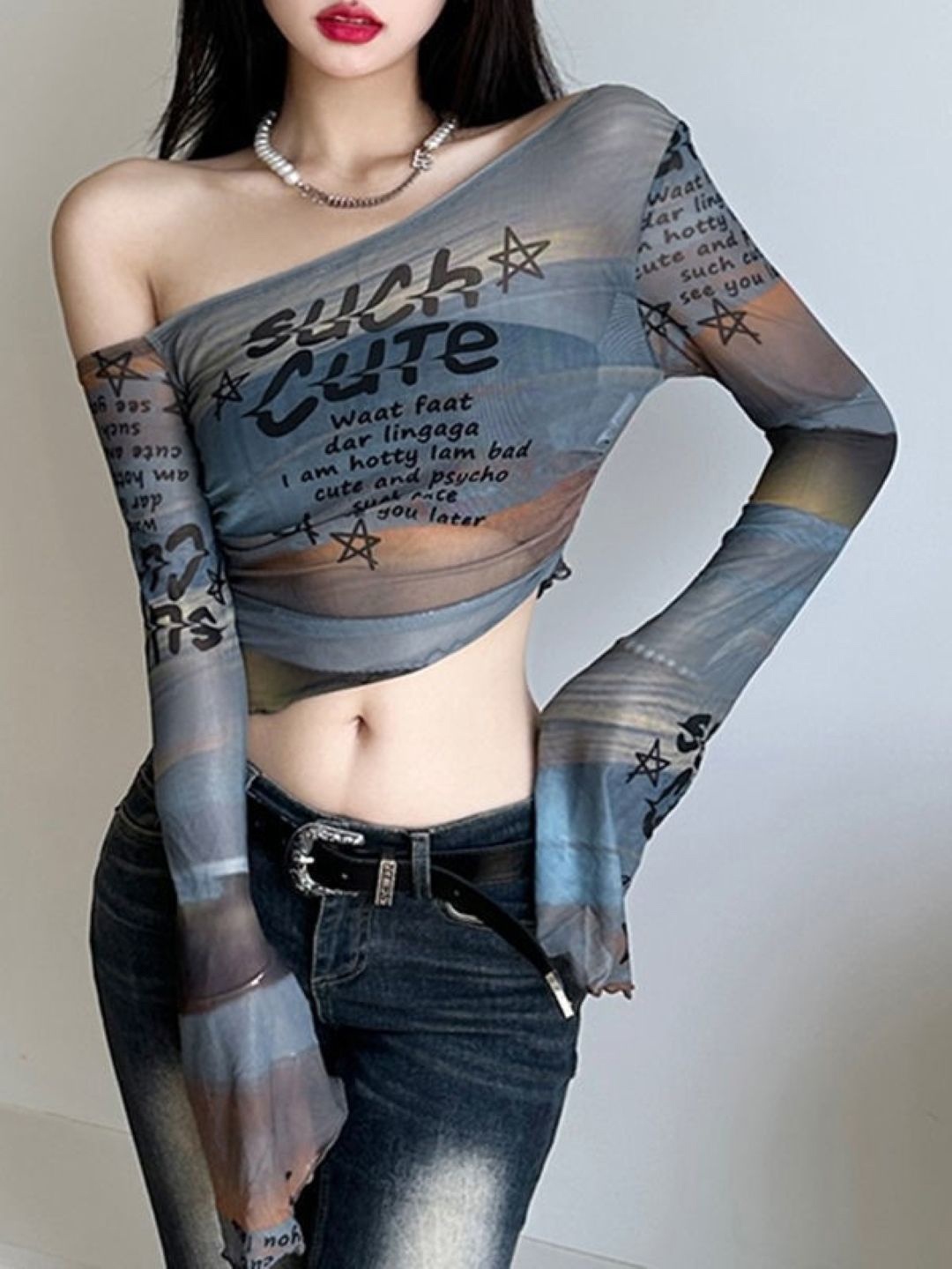 

HERE&NOW Women Printed One Shoulder Bell Sleeve Crop Top, Grey