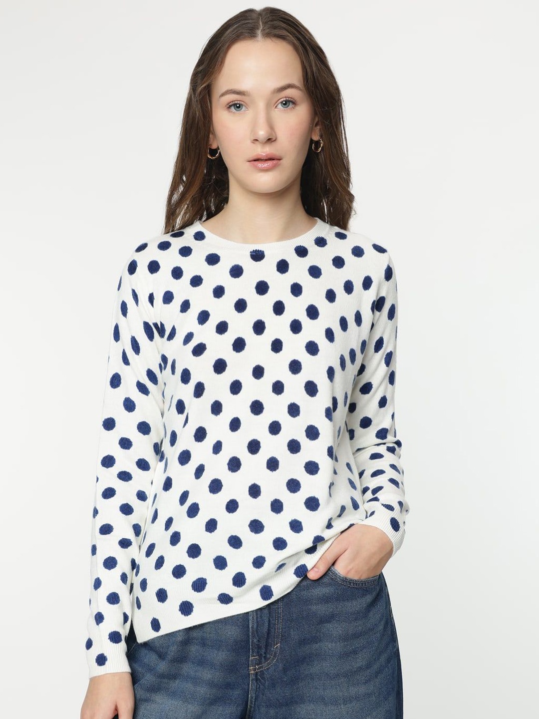 

Marks & Spencer Women Polka Dots Printed Round Neck Pullover Sweaters, White