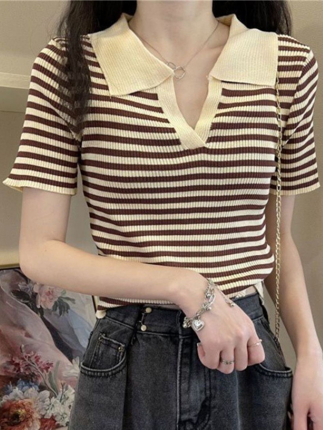 

HERE&NOW Women Striped Shirt Collar Short Sleeves Top, Brown