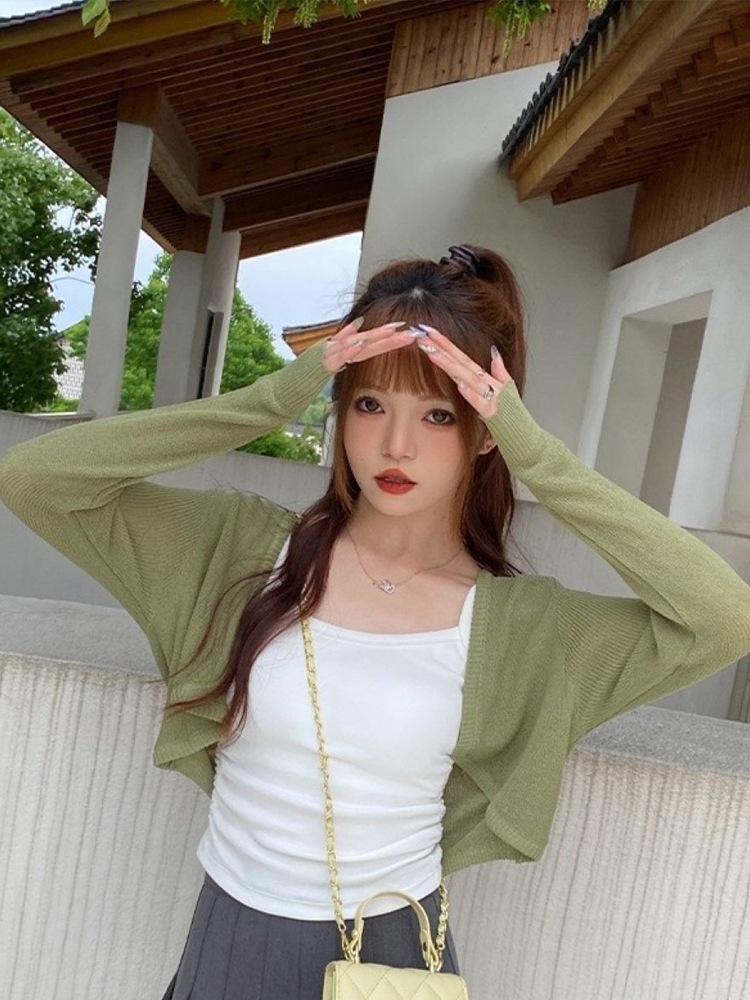 

KPOP Women V-Neck Long Sleeves Top, Green