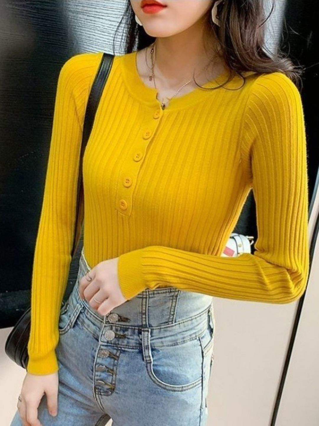 

HERE&NOW Women Striped Cuffed Sleeves Top, Yellow