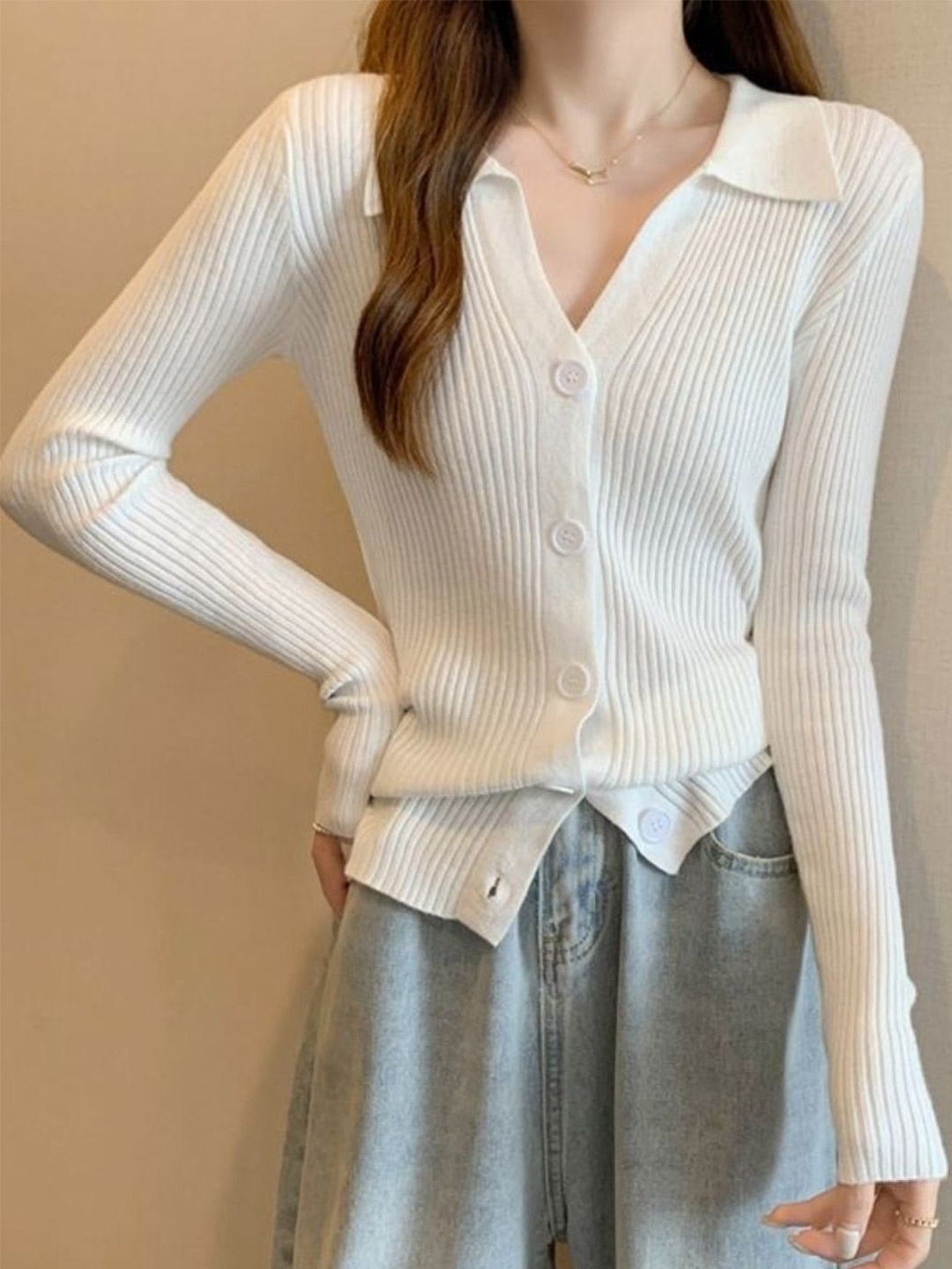 

HERE&NOW Women Shirt Collar Long Sleeves Top, White