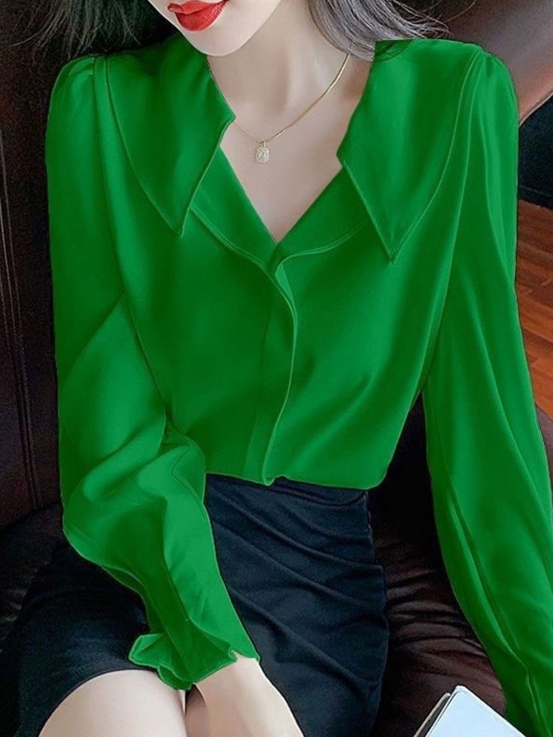 

HERE&NOW Women Shirt Collar Long Sleeves Top, Green