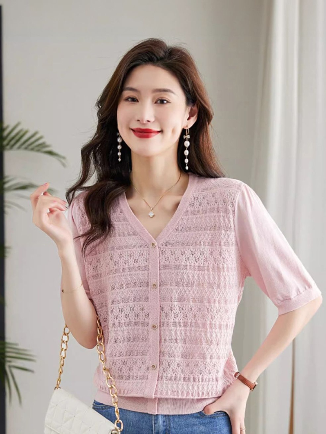 

KPOP V-Neck Short Sleeves Top, Pink