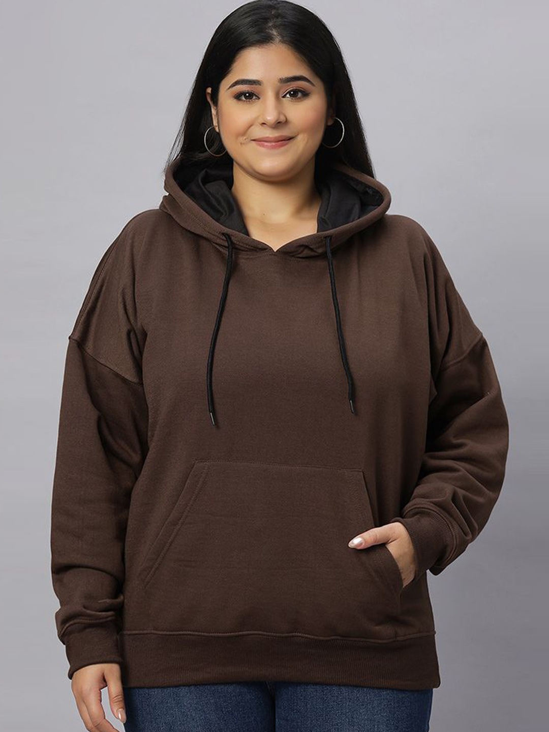 

Wear Your Opinion Women Plus Size Drop Shoulder Kangaroo Pocket Hooded Sweatshirt, Coffee brown