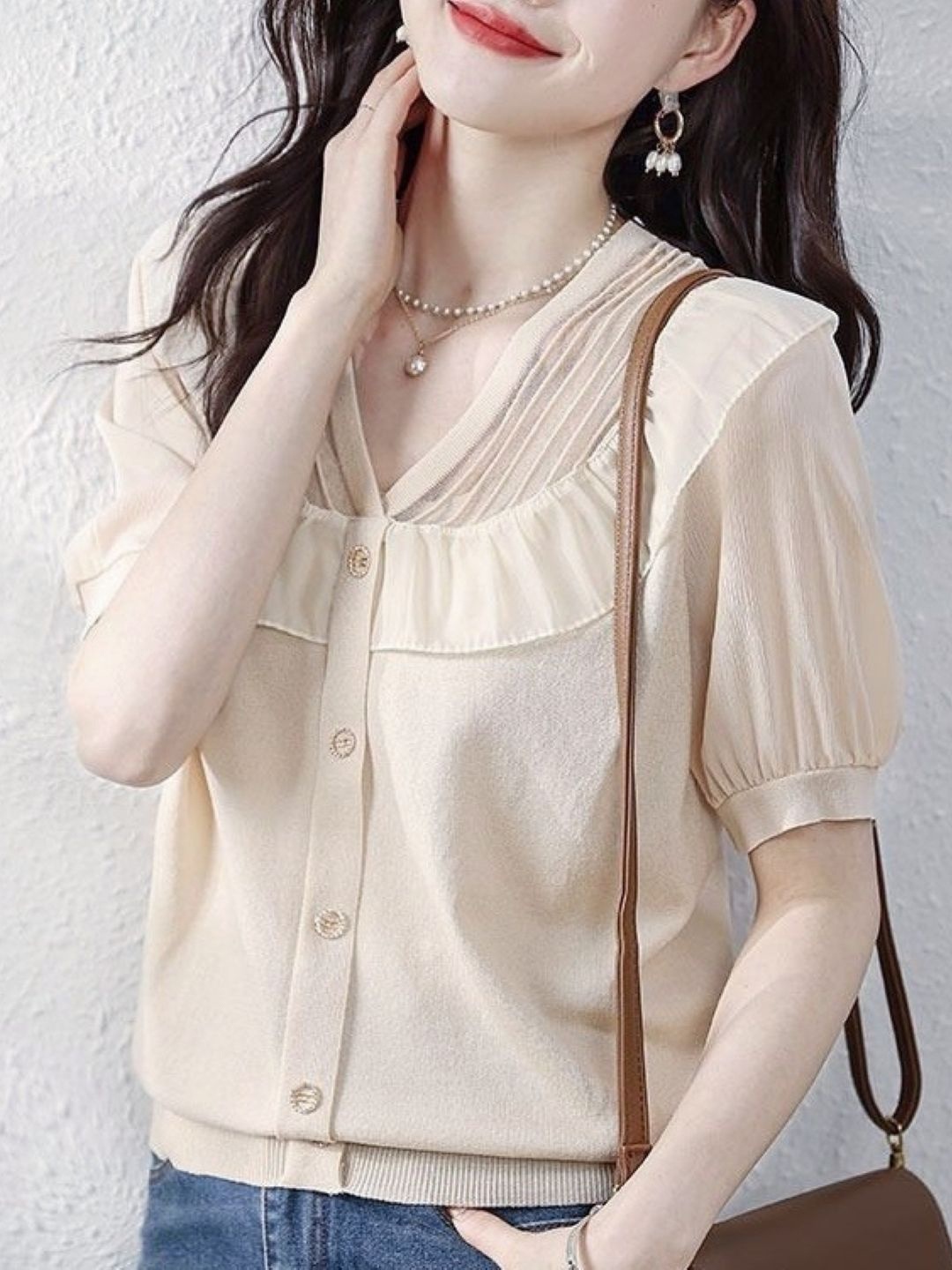 

KPOP Women V-Neck Short Sleeves Top, Khaki