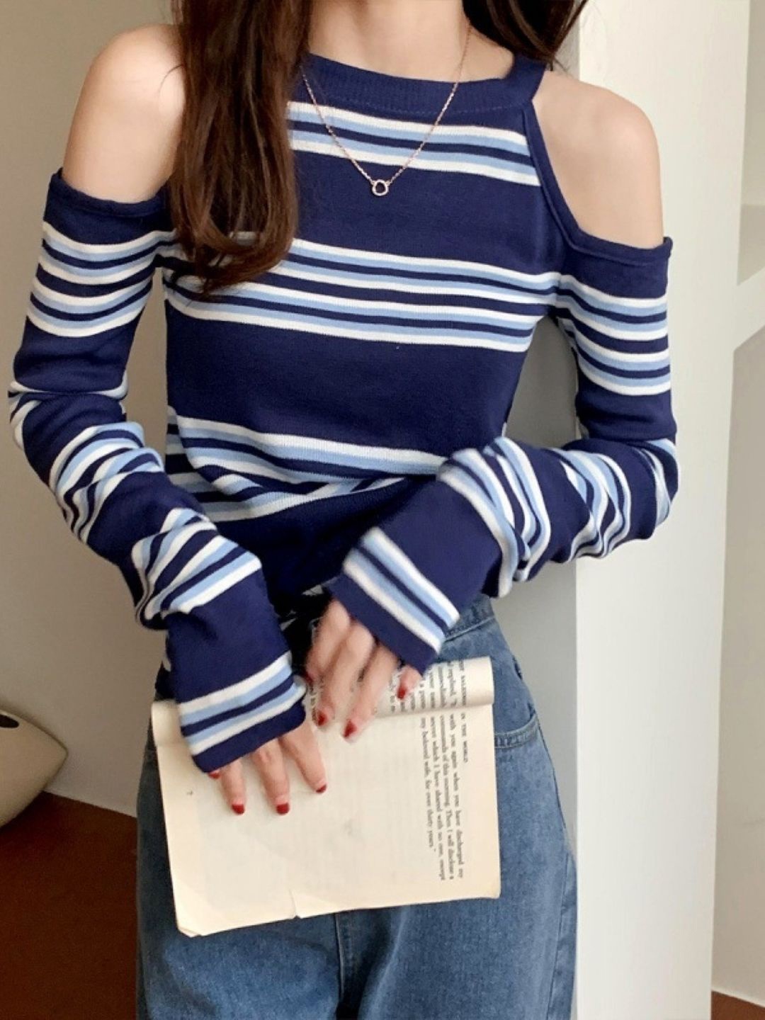 

HERE&NOW Horizontal Stripes Round Neck Top, Navy blue