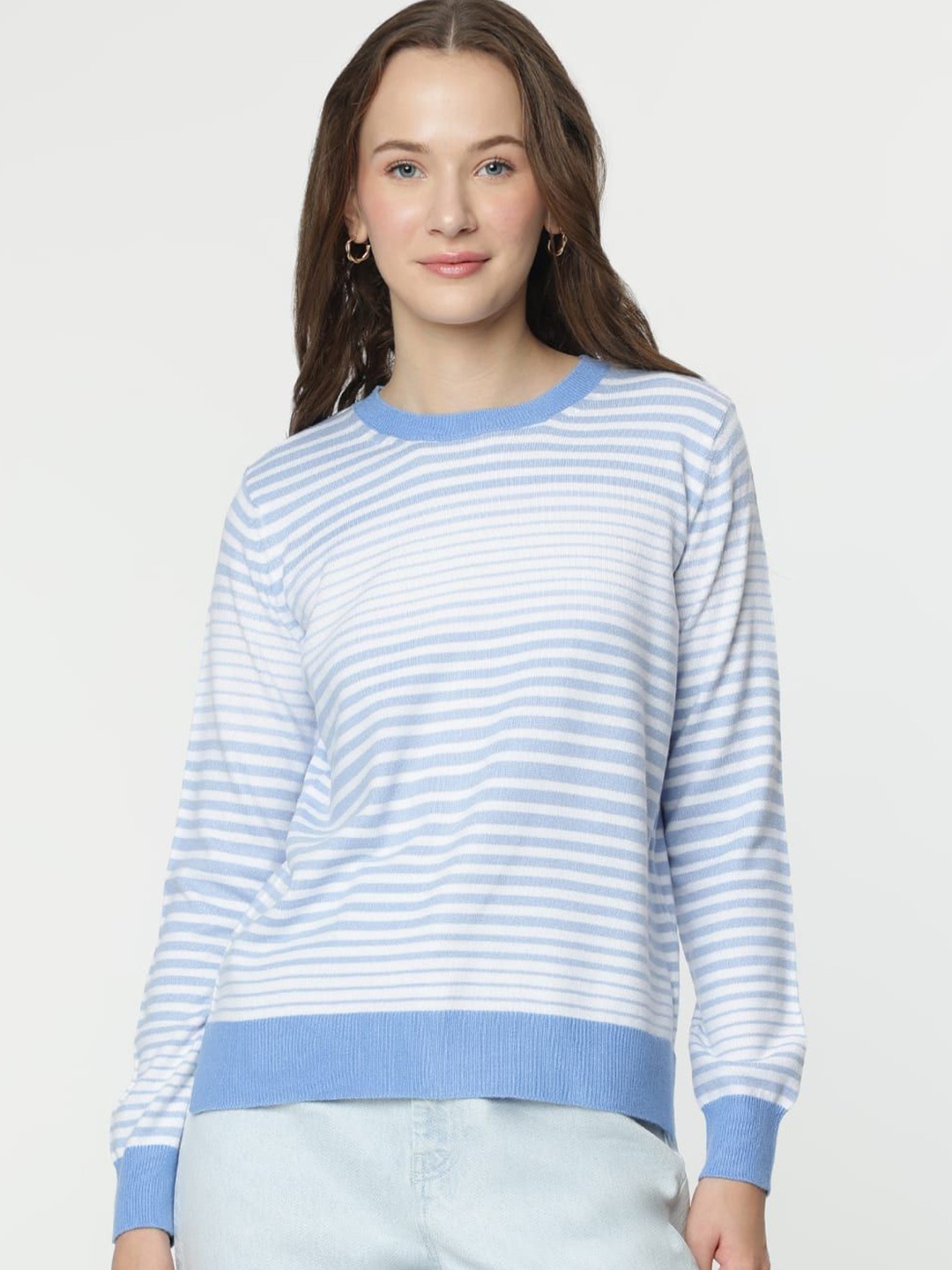 

Marks & Spencer Women Striped Round Neck Pullover Sweaters, Blue