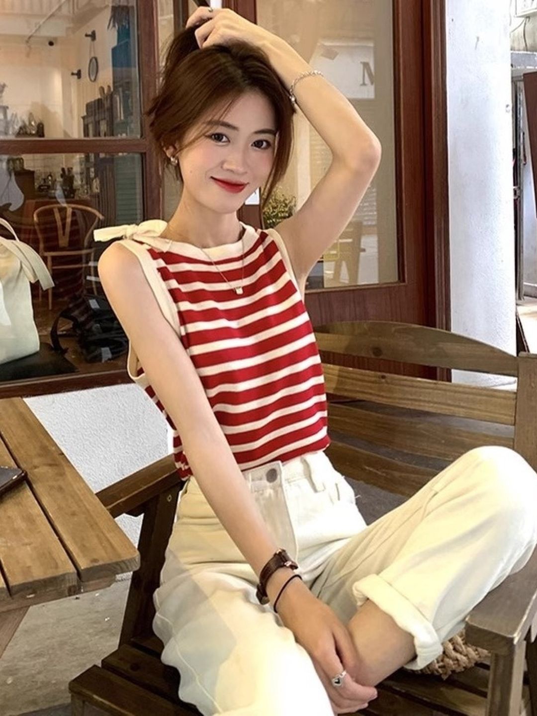 

HERE&NOW Women Round Neck Sleeveless Horizontal Stripes Top, Red
