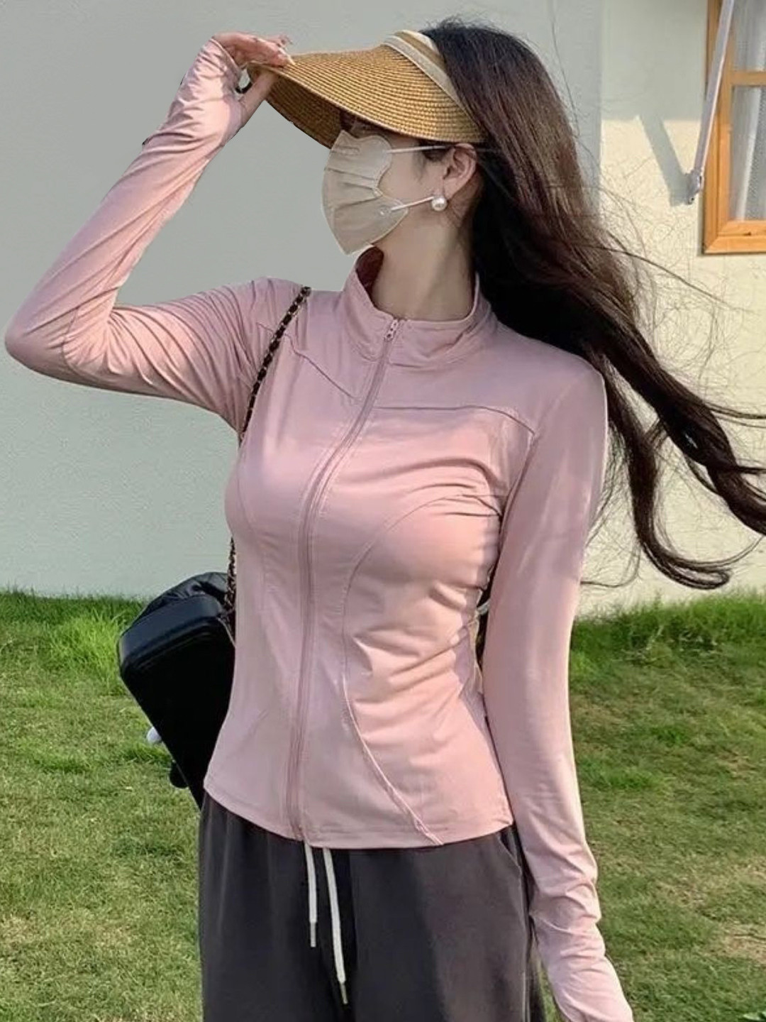 

HERE&NOW Women Mandarin Collar Extended Sleeves Top, Pink
