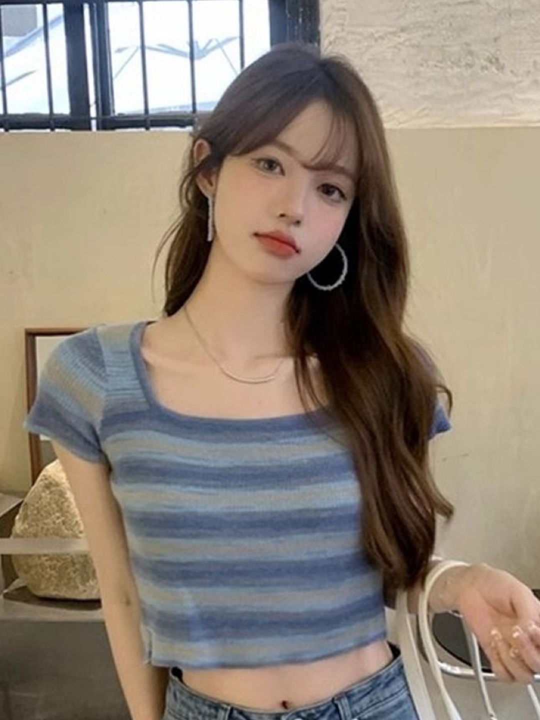 

HERE&NOW Women Striped Woollen Crop Top, Navy blue