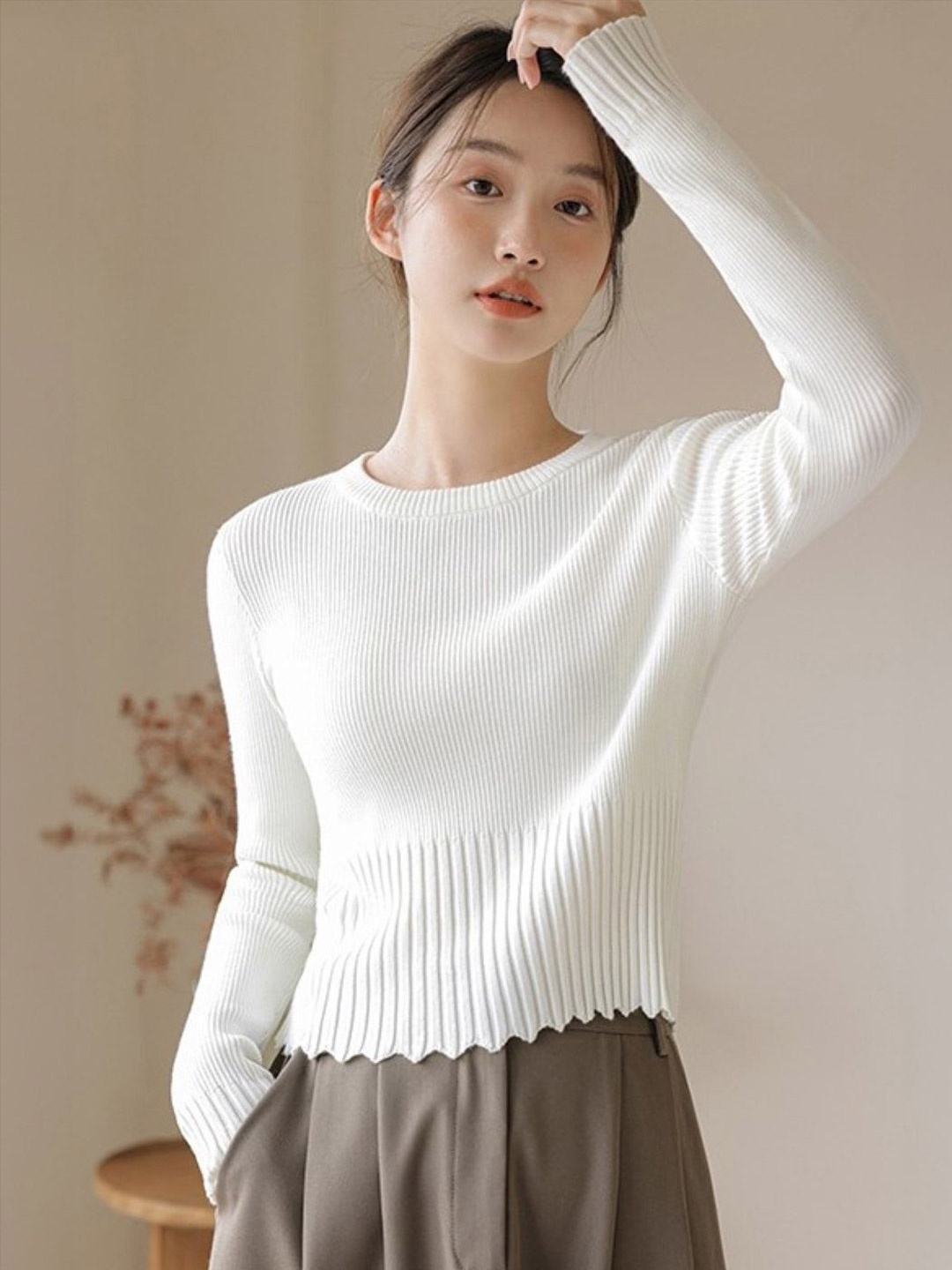 

HERE&NOW Women Round Neck Extended Sleeves Top, White