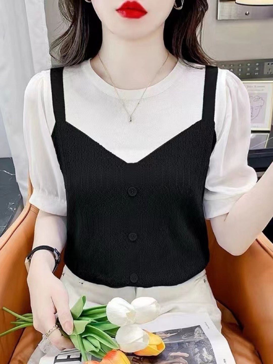 

KPOP Women Round Neck Short Sleeves Top, Black