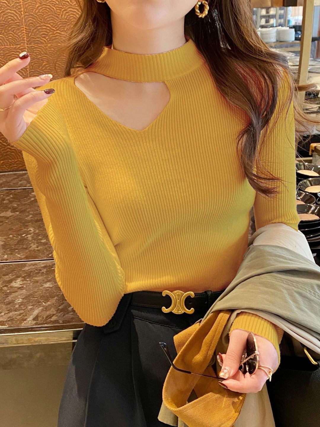 

HERE&NOW Women Solid Cut Out Round Neck Extended Sleeves Top, Yellow