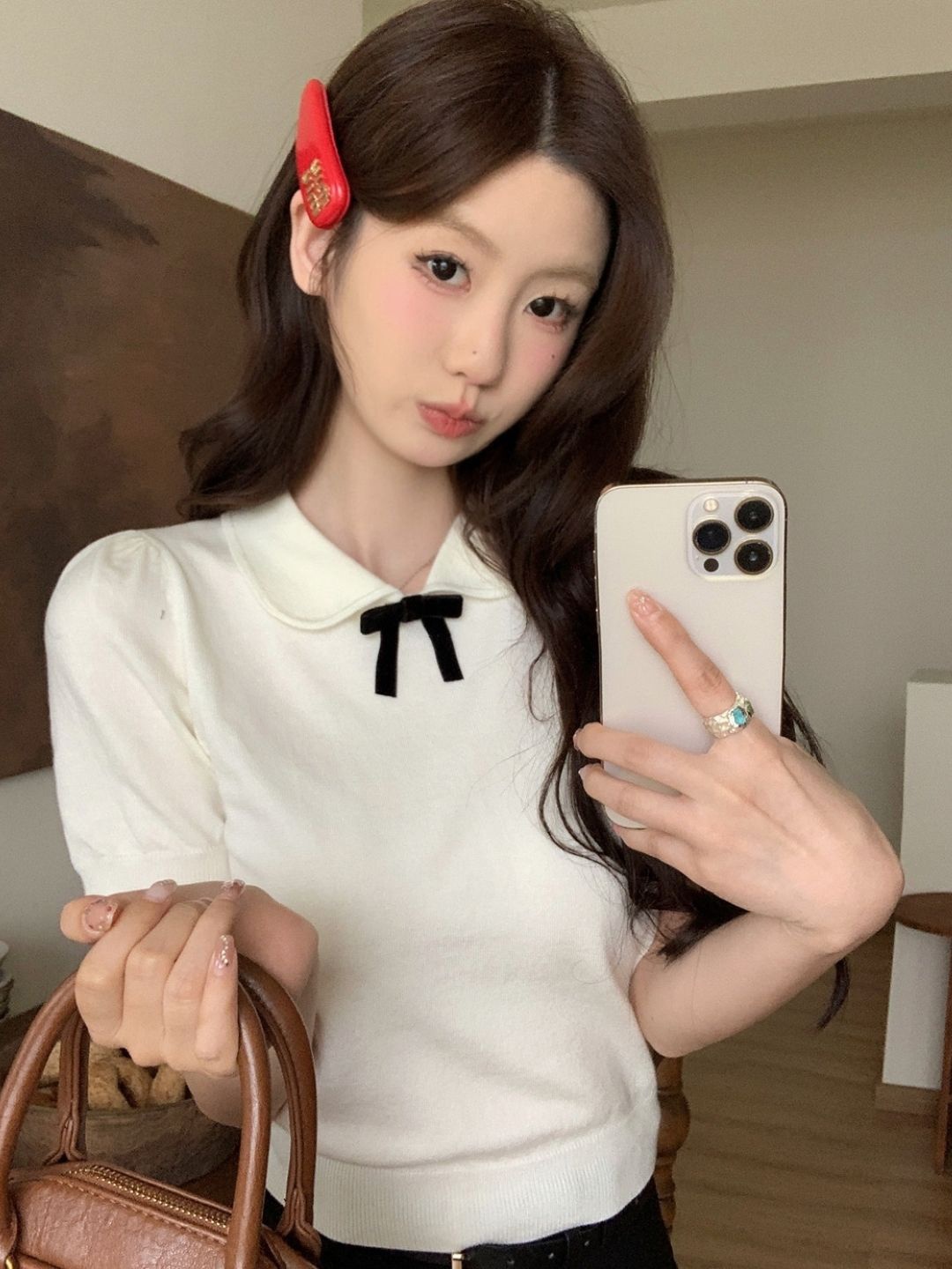 

KPOP Women Peter Pan Collar Short Sleeves Top, Cream