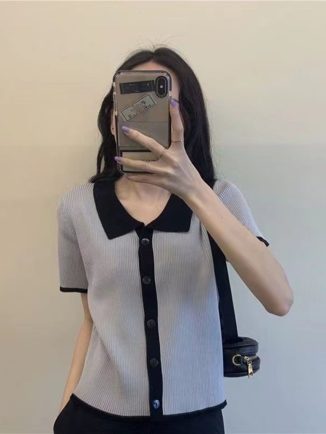 

HERE&NOW Women Shirt Collar Short Sleeves Top, Grey