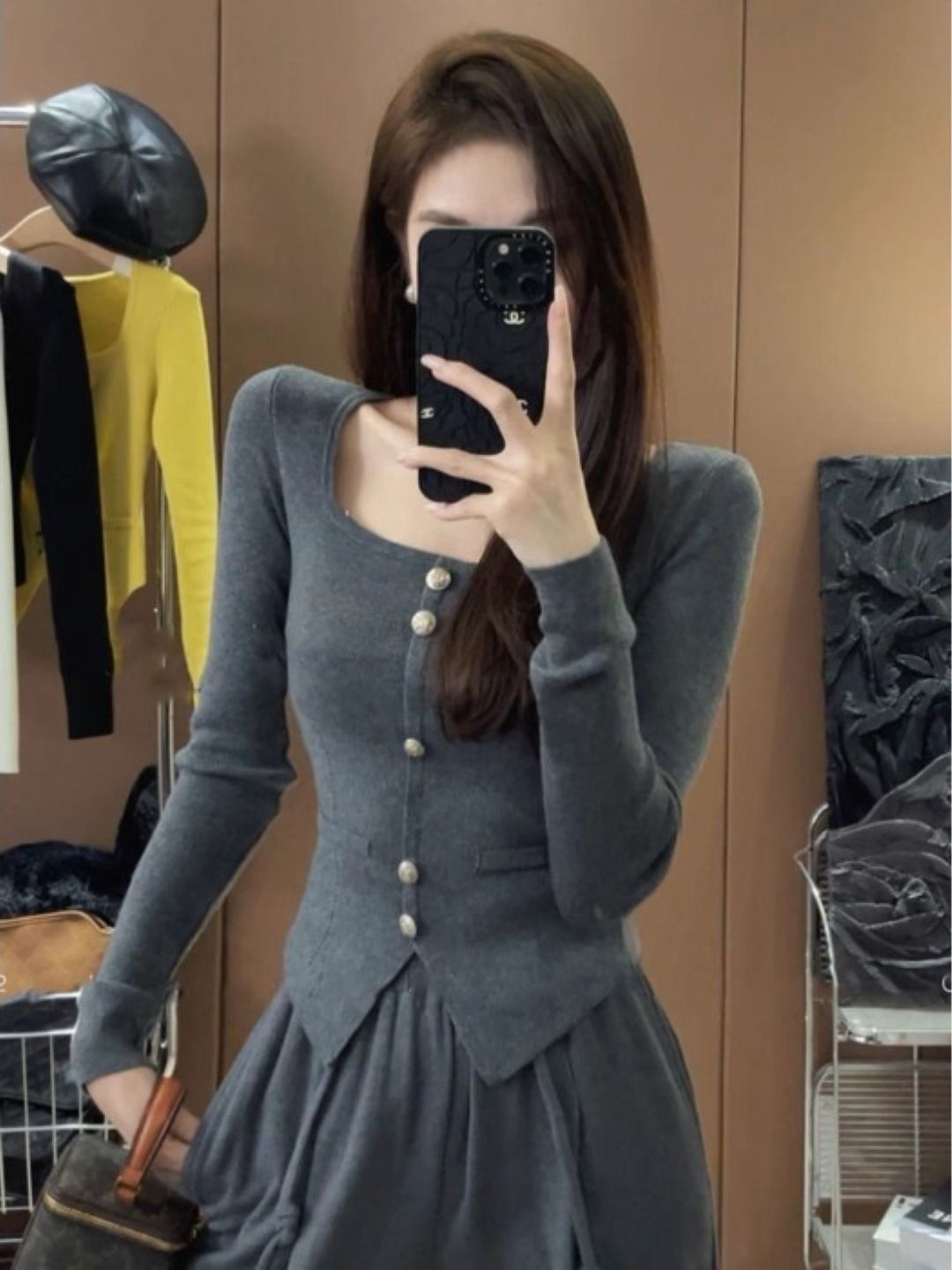 

KPOP Women Square Neck Long Sleeves Top, Grey