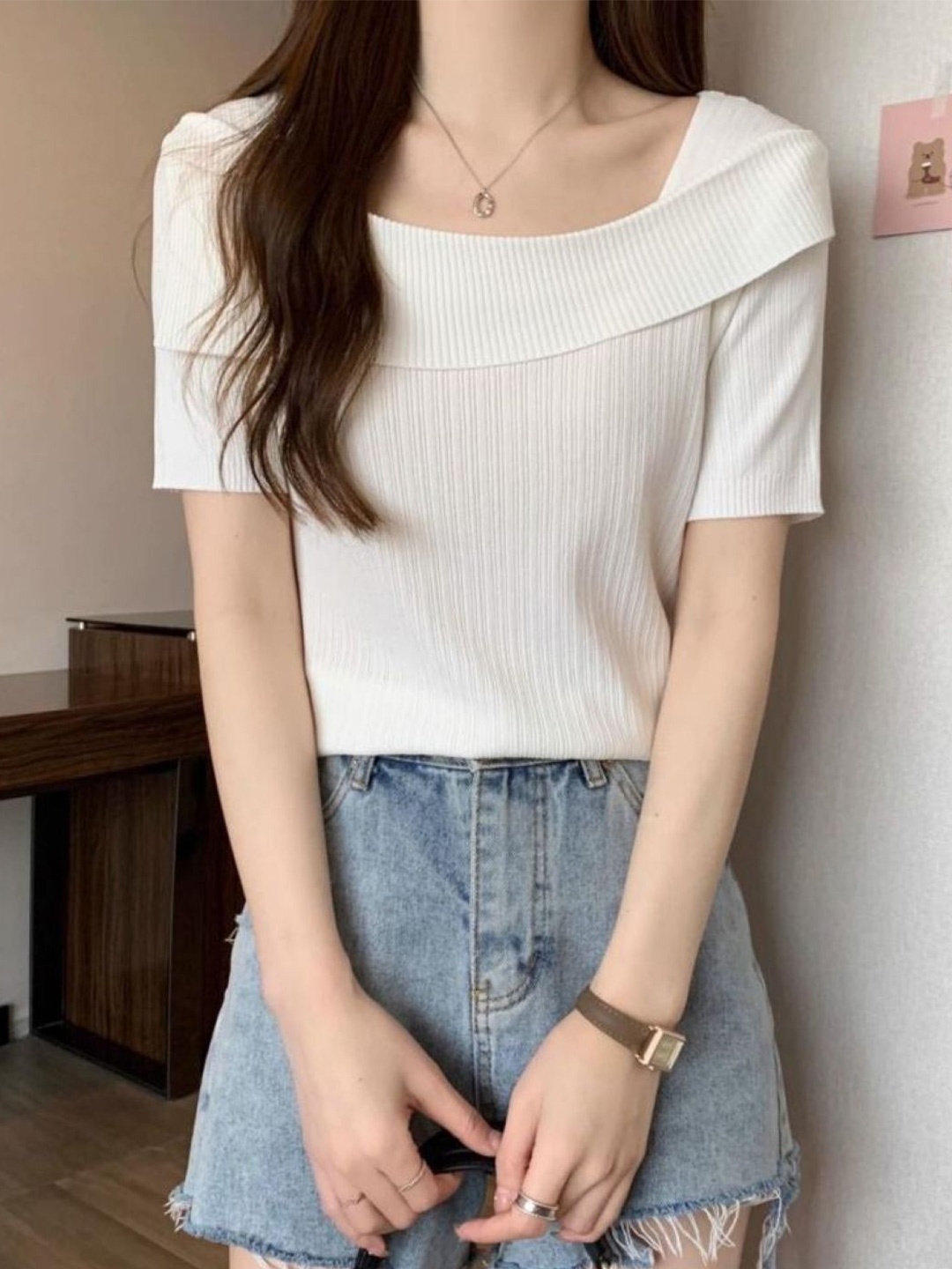 

KPOP Women Round Neck Short Sleeves Top, White